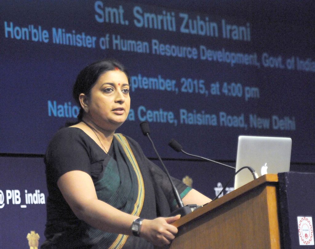 CMS open source — The Union Minister for Human Resource Development, Smt. Smriti Irani addressing at the launch of the National Institutional Ranking Framework Document & Web Portal, in New Delhi on September 29, 2015