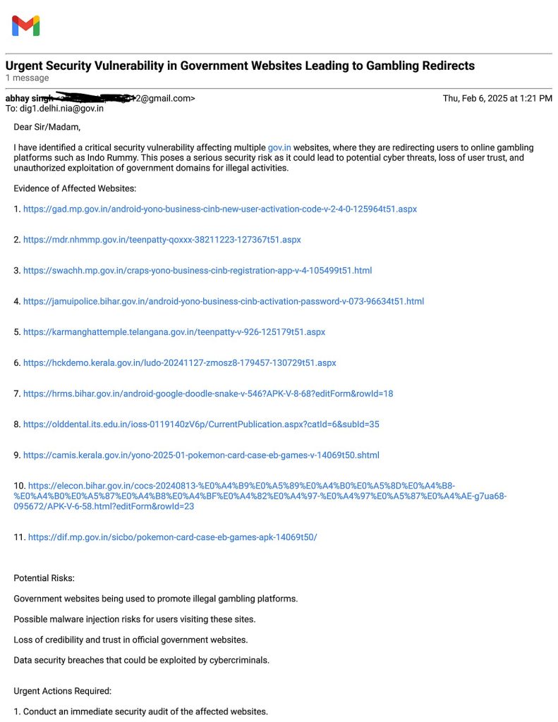 Sécurité de WordPress — Gmail - Urgent Security Vulnerability in Government Websites Leading to Gambling Redirects