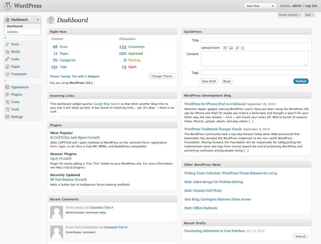 securite des sites web — WordPress Dashboard